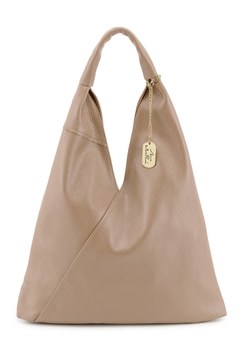 Geanta hobe de piele cu accesoriu logo metalic - Maro taupe deschis