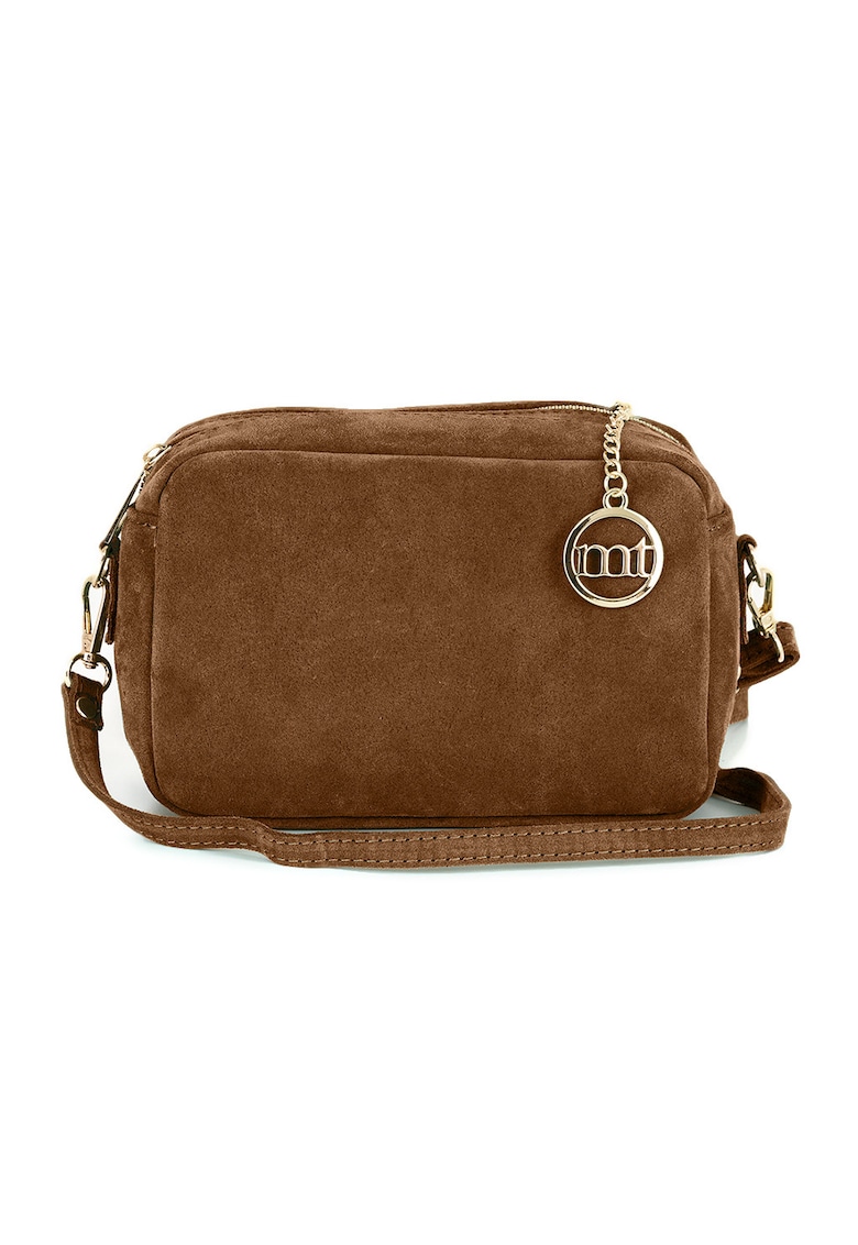 Geanta crossbody de piele intoarsa cu logo - Maro taupe inchis