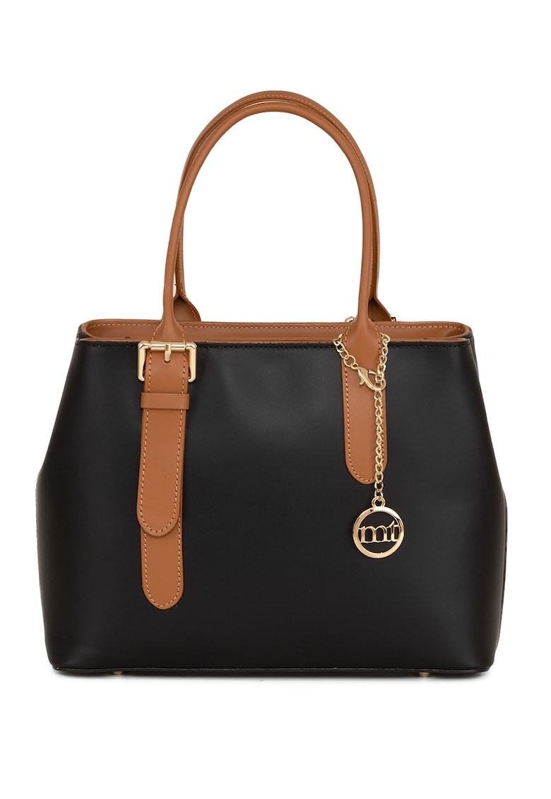 Geanta de piele cu bareta de umar si picioruse metalice - Maro cognac/Negru