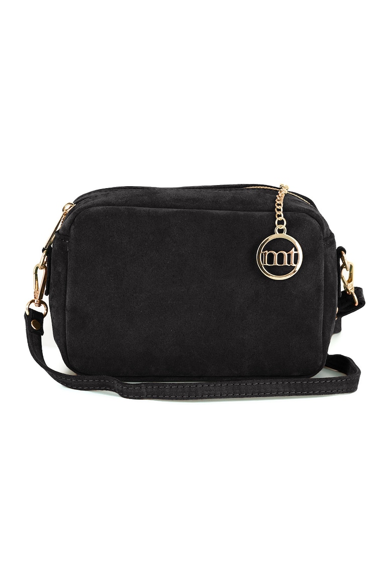 Geanta crossbody de piele intoarsa cu logo - Negru