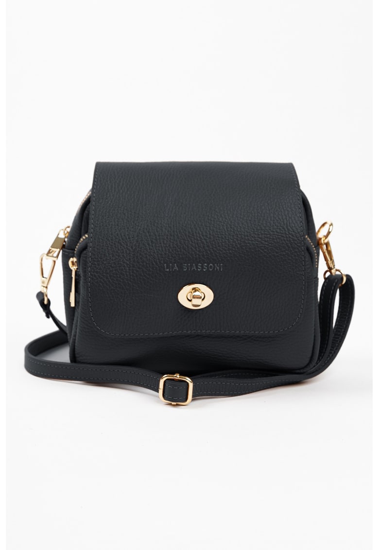 Geanta crossbody de piele cu buzunare exterioare cu fermoar - Negru