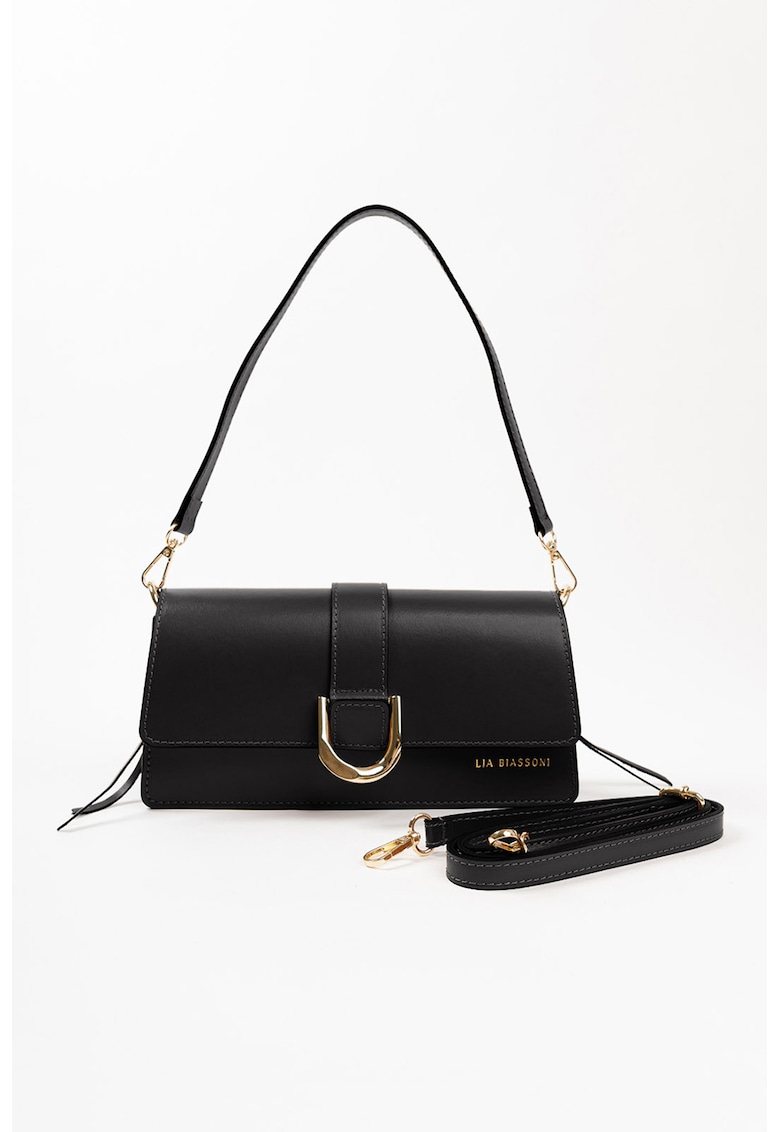 Geanta de piele cu bareta de umar si catarama metalica - Negru