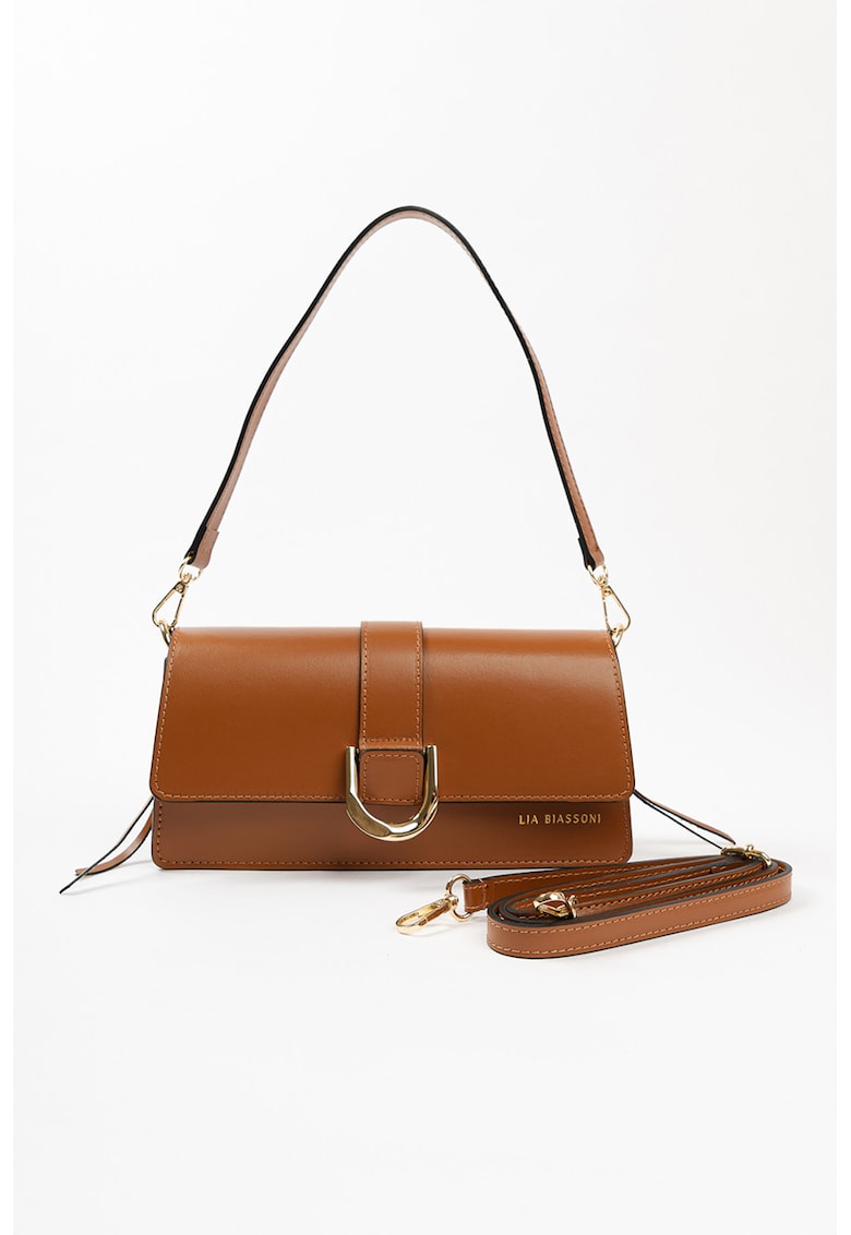 Geanta de piele cu bareta de umar si catarama metalica - Caramel