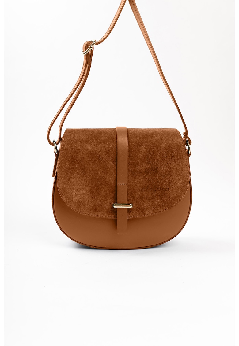 Geanta crossbody de piele cu insertii de piele intoarsa - Caramel
