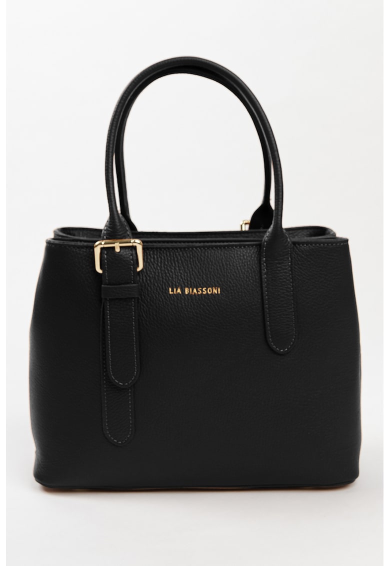 Geanta de piele cu maner si imprimeu logo - Negru