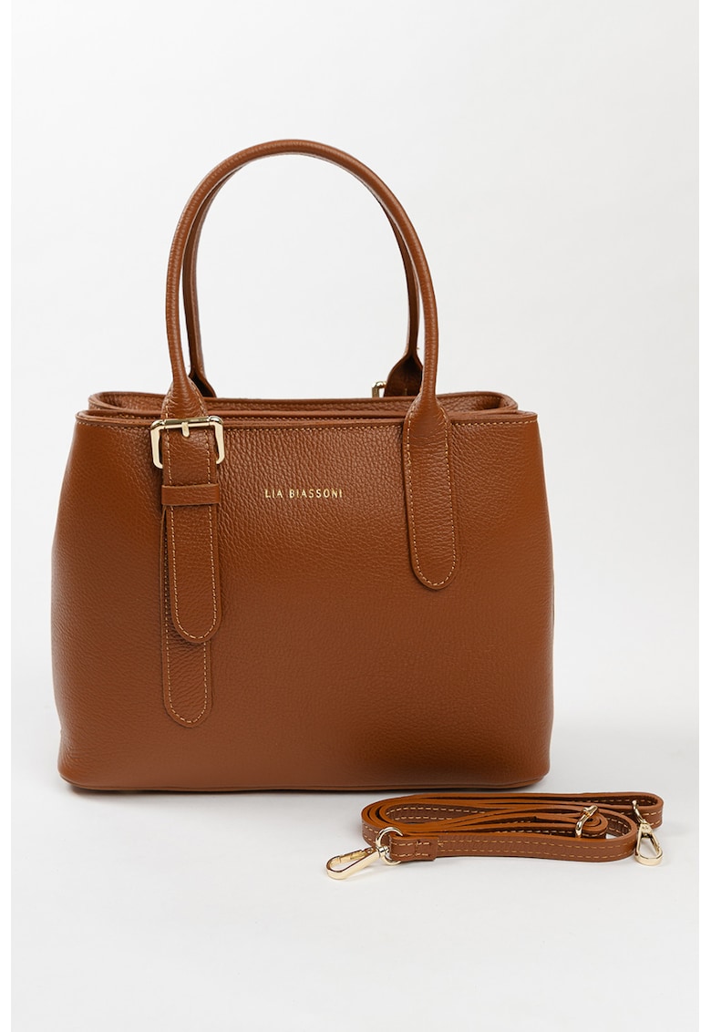 Geanta de piele cu maner si imprimeu logo - Caramel