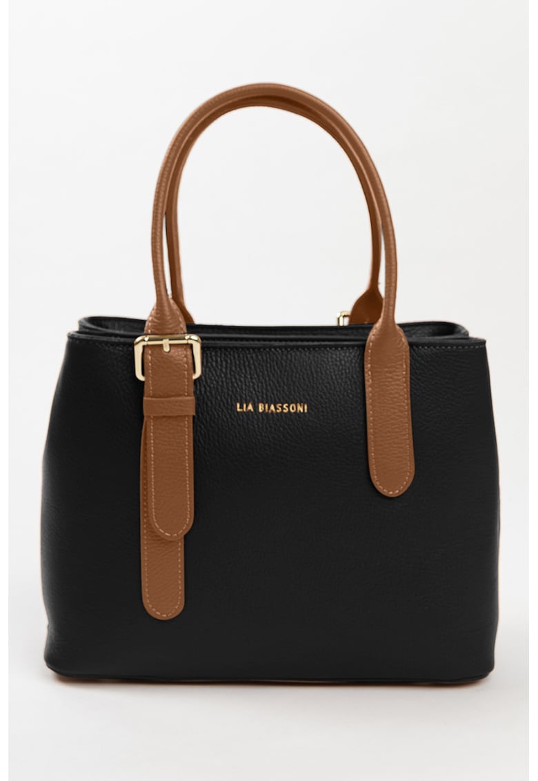 Geanta de piele cu maner si imprimeu logo - Negru/Caramel