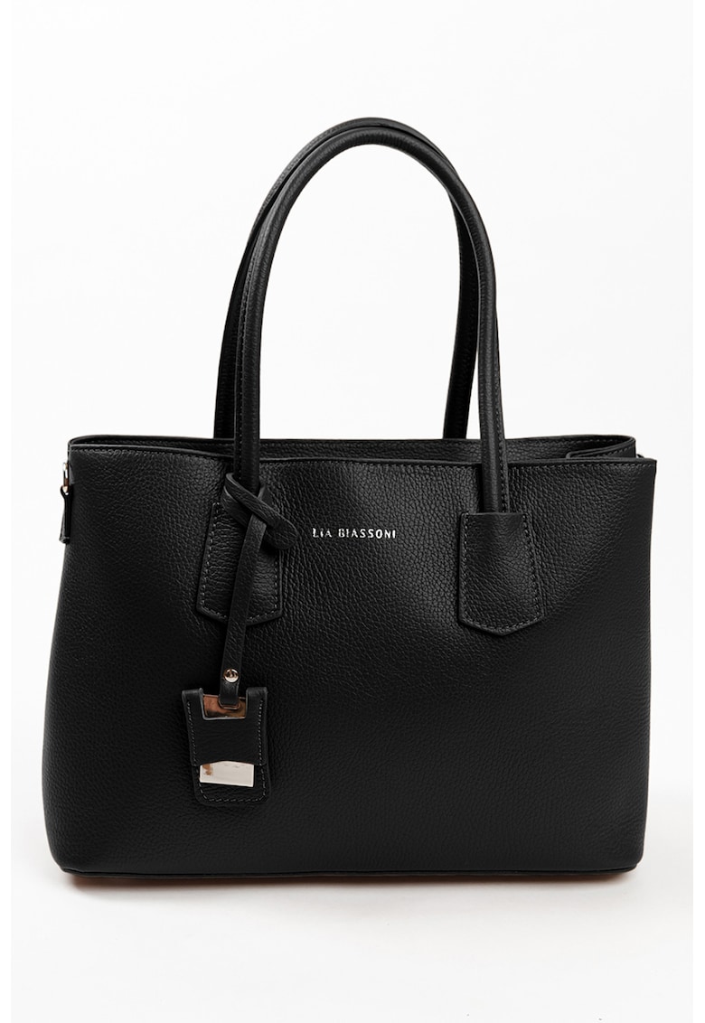 Geanta de piele cu bareta de umar si imprimeu logo - Negru