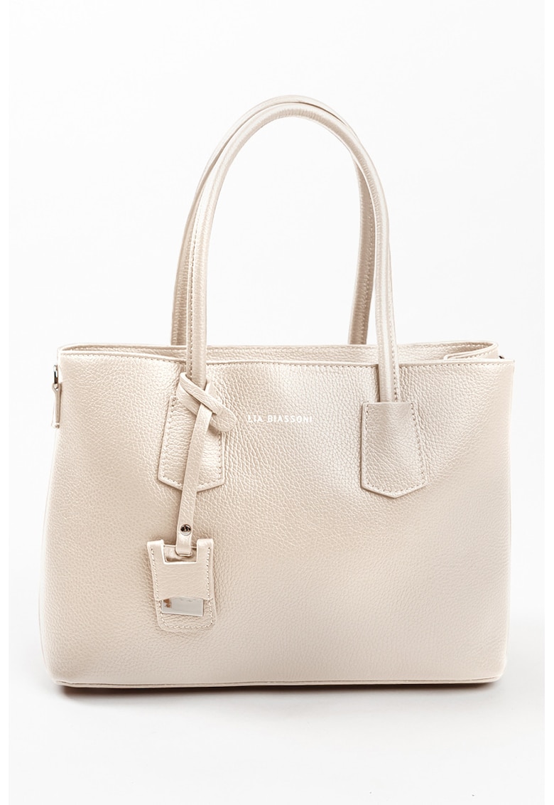 Geanta de piele cu bareta de umar si imprimeu logo - Bej