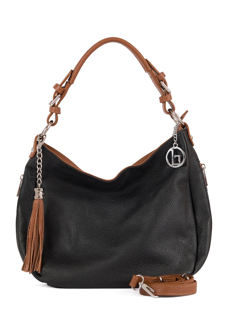 Geanta de piele cu bareta de umar si canaf - Maro cognac/Negru