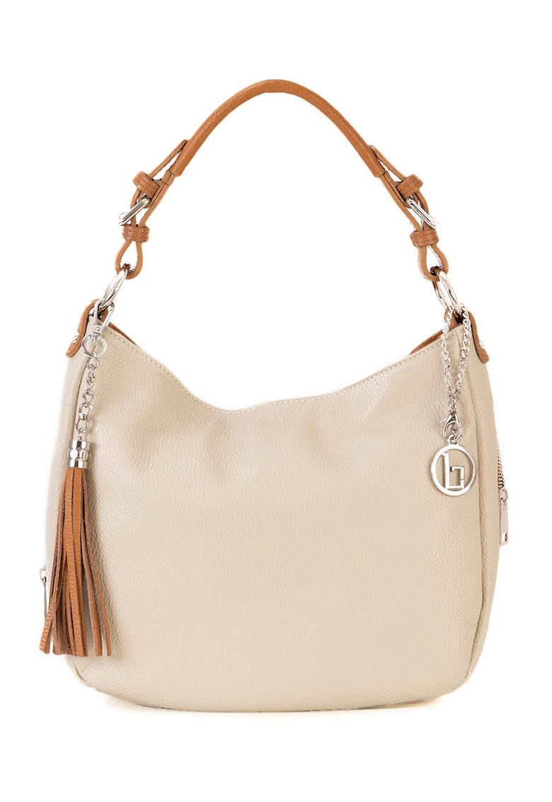 Geanta de piele cu bareta de umar si canaf - Maro cognac/Bej