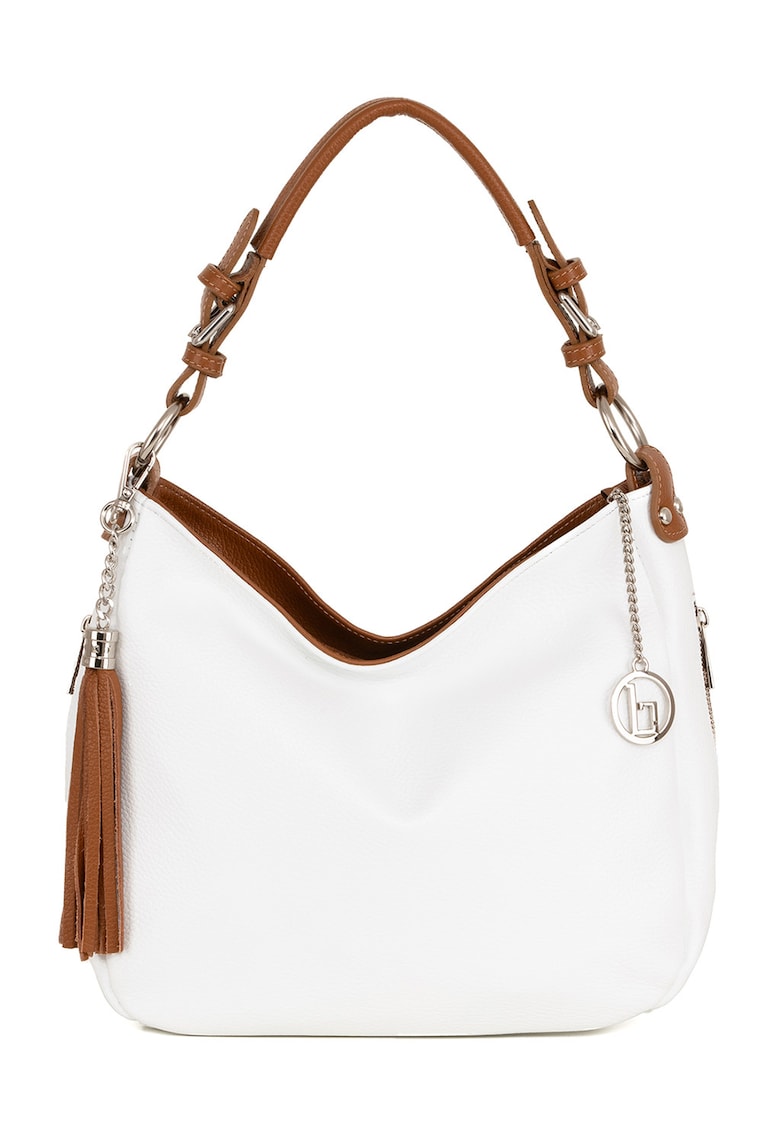 Geanta de piele cu bareta de umar si canaf - Alb/Maro cognac