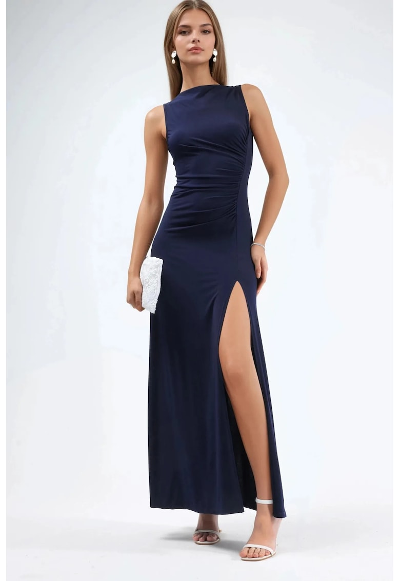 Rochie Maxi decolteu barca - croiala in A - bleumarin - poliester/elastan