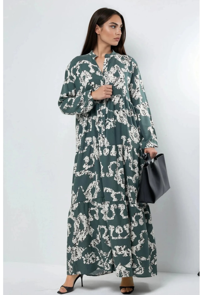 Rochie Maxi - Decolteu in V - cu nasturi - Multicolor