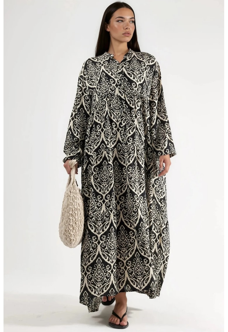 Rochie Maxi cu decolteu in V - maneci lungi - neagra/crem - textil