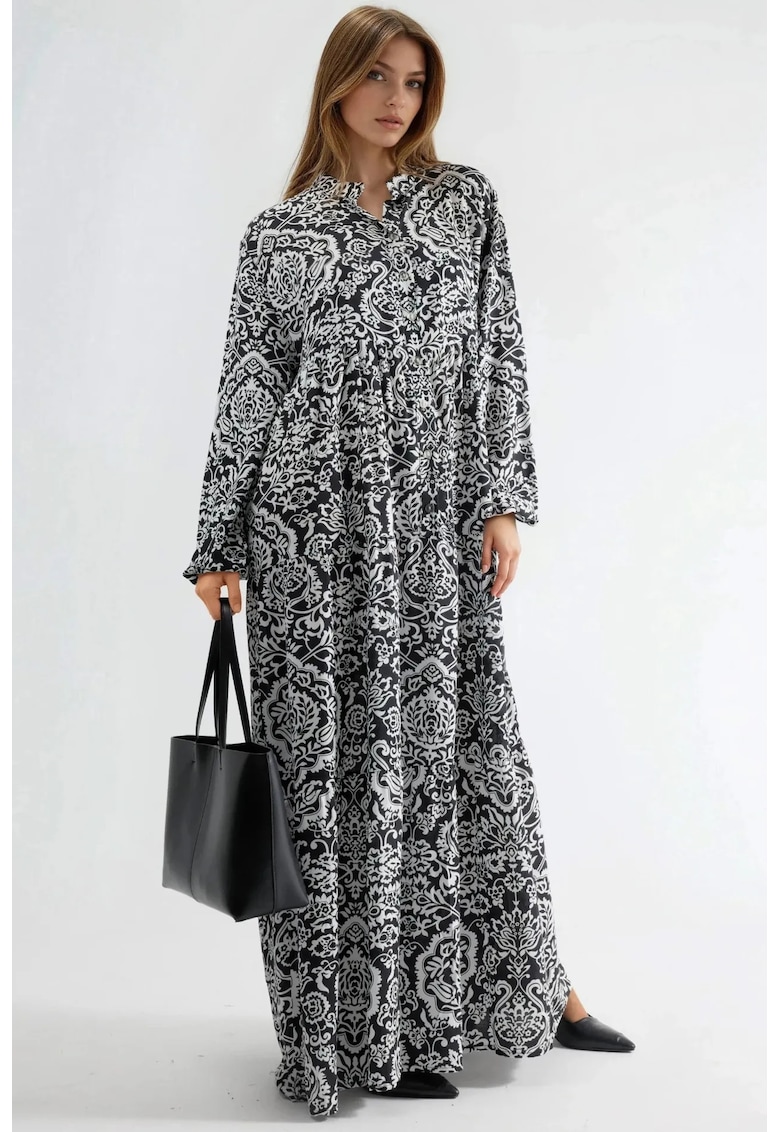 Rochie Maxi Femei cu decolteu in V - maneci lungi - alb/negru