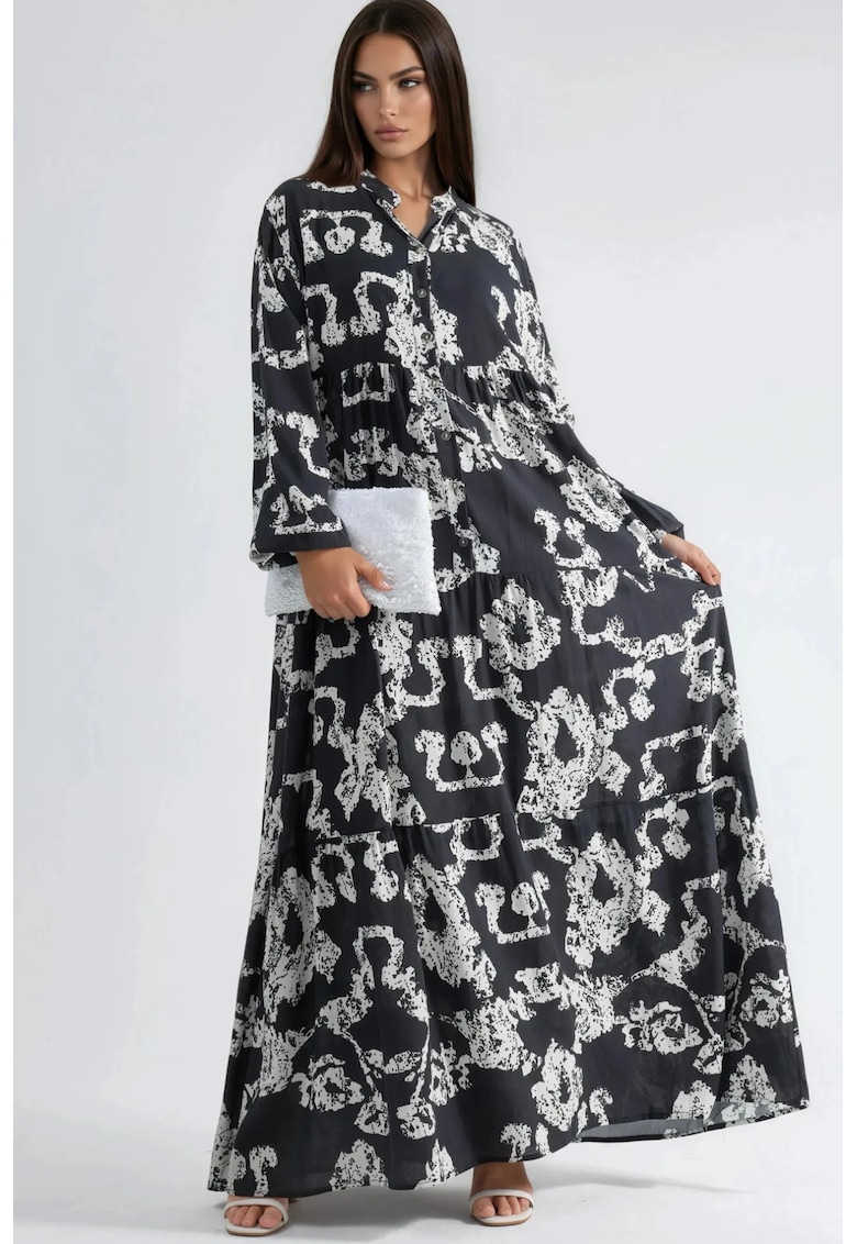 Rochie Maxi - Decolteu in V - Maneci lungi - Negru/Alb