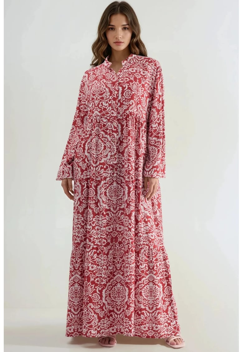 Rochie Maxi cu decolteu in V - maneci lungi - rosu/alb