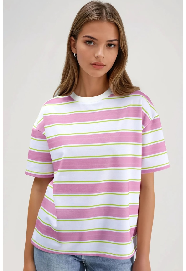Tricou dama cu guler rotund - dungi - multicolor - bumbac/poliester