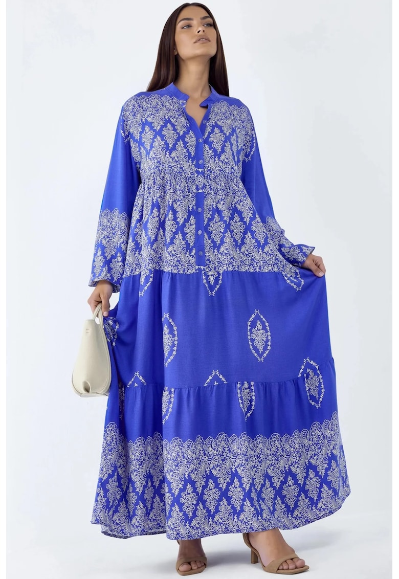 Rochie maxi - decolteu in V - maneci lungi - alb/albastru