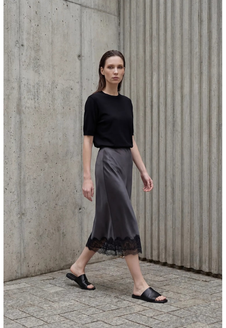 Fusta midi - satin - gri ardezie - talie inalta