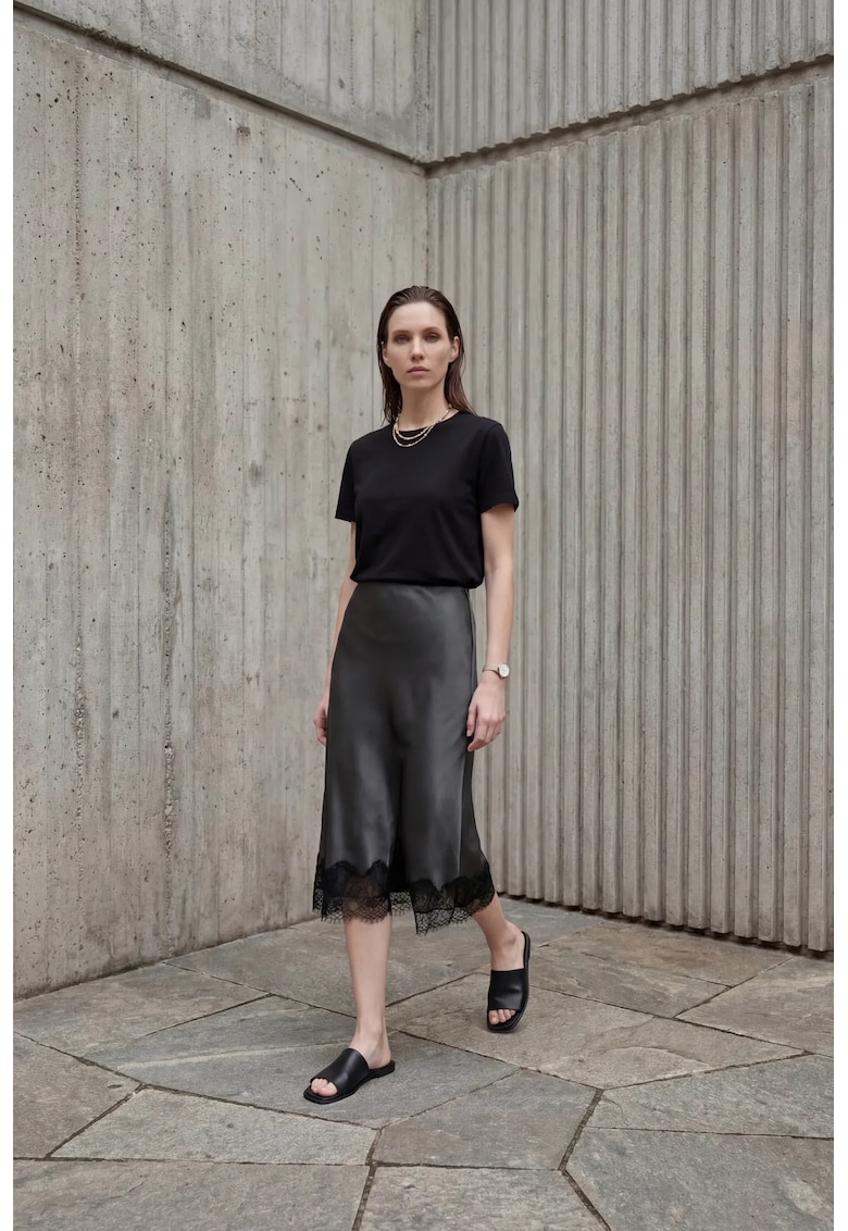 Fusta midi - satin - talie inalta - negru