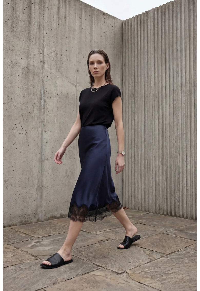 Fusta midi - satin - albastru marin - talie inalta