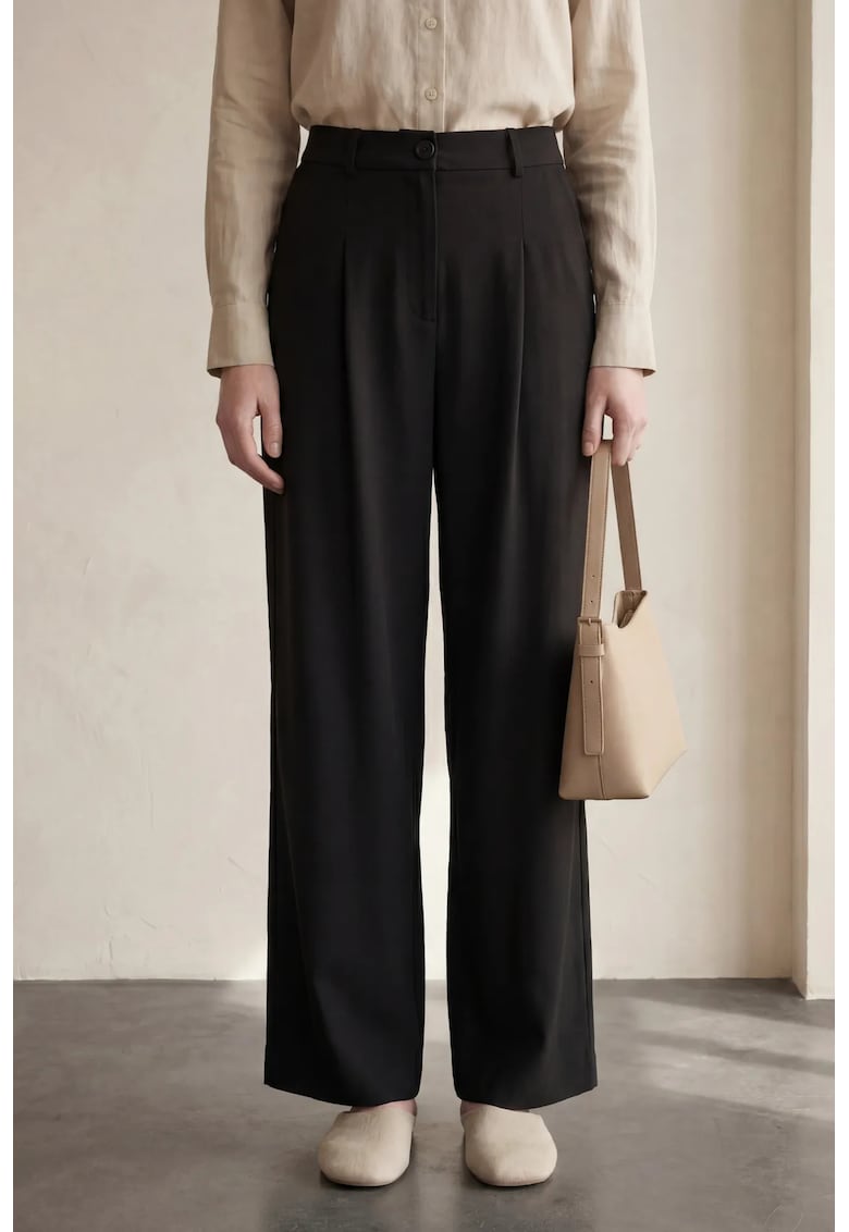 Pantaloni dama - talie inalta - plisati - negru - bumbac