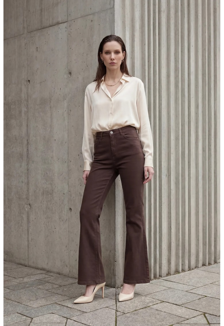 Pantaloni dama - blugi evazati - talie inalta - maro - denim