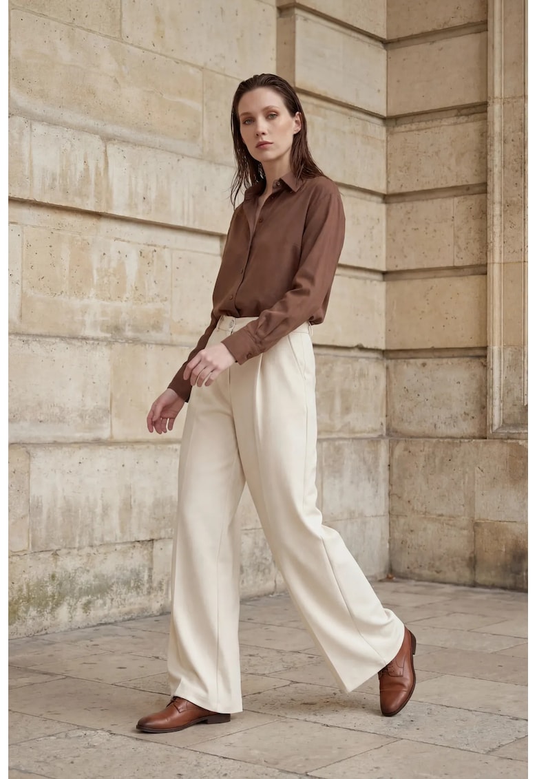 Pantaloni dama - talie inalta - plisati - crem - textil