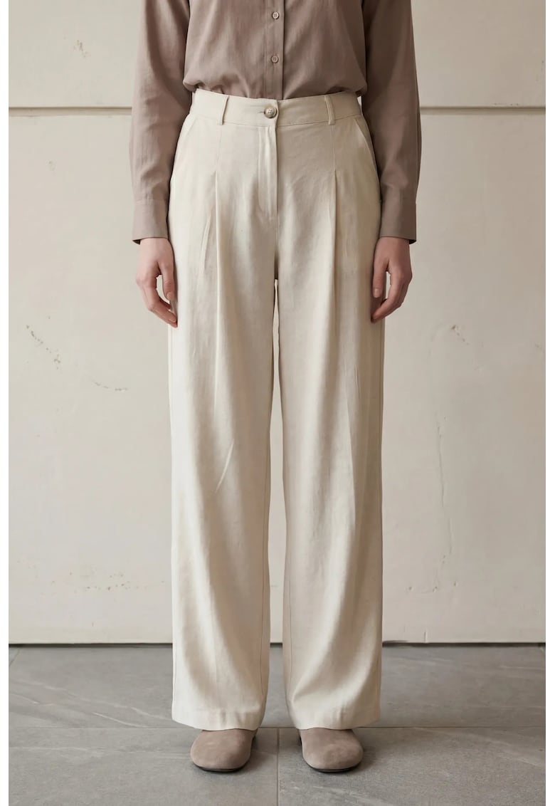 Pantaloni dama - plisati - talie inalta - crem