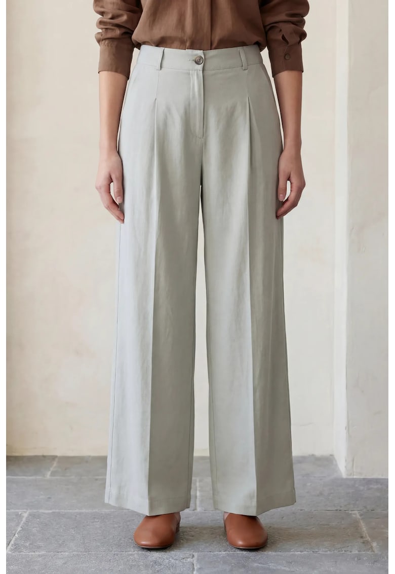 Pantaloni dama - plisati - talie inalta - verde - bumbac