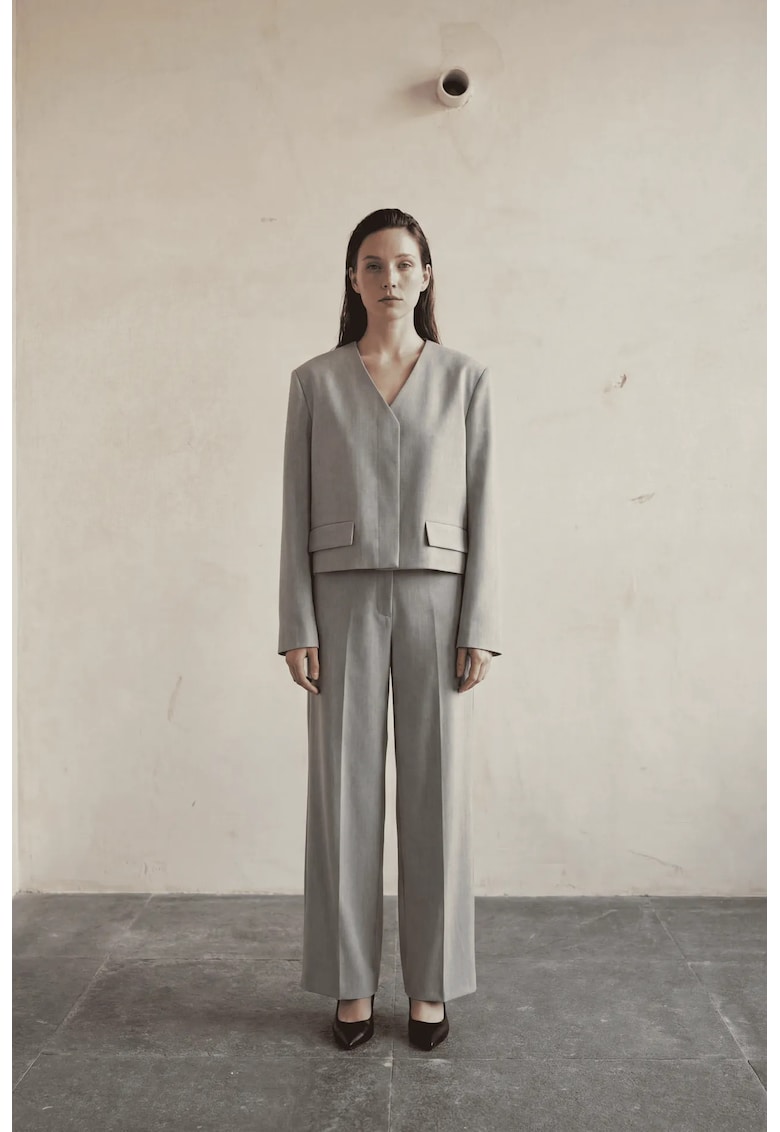 Sacou dama - scurt - decolteu in V - gri - textil