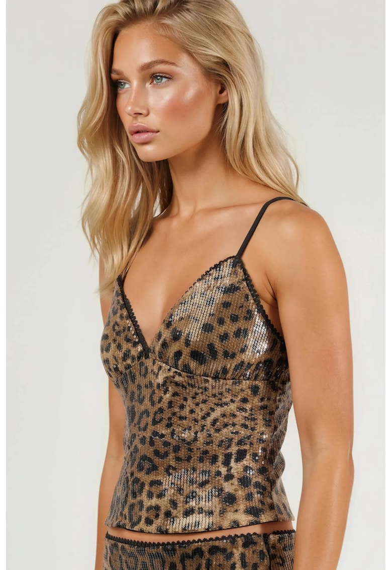 Maiou dama cu paiete - imprimeu leopard - maro - poliester/lycra