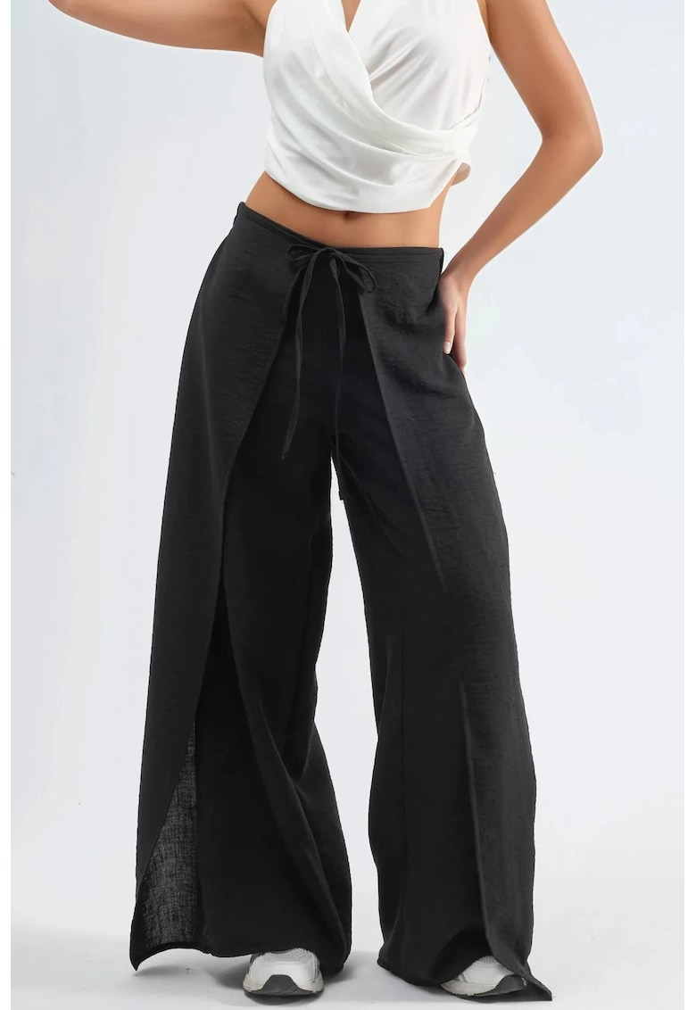 Pantaloni dama din crep - talie cu snur - negru - poliester