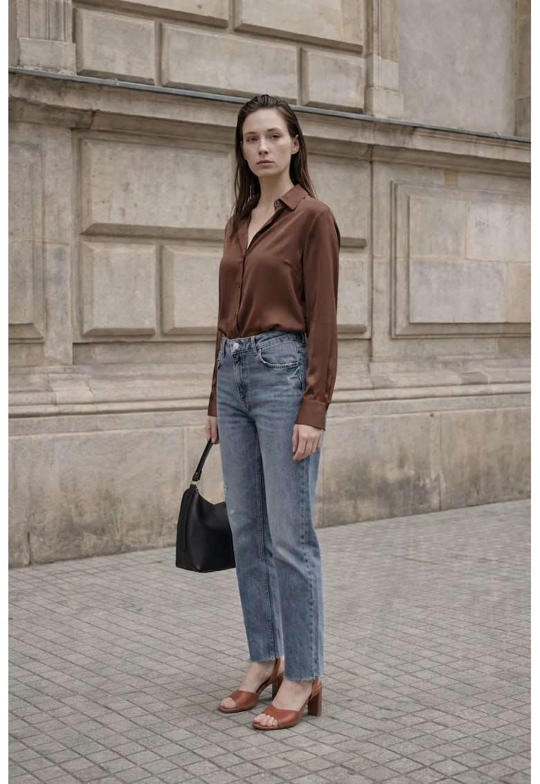 Pantaloni dama - cu talie inalta - croiala dreapta - albastru