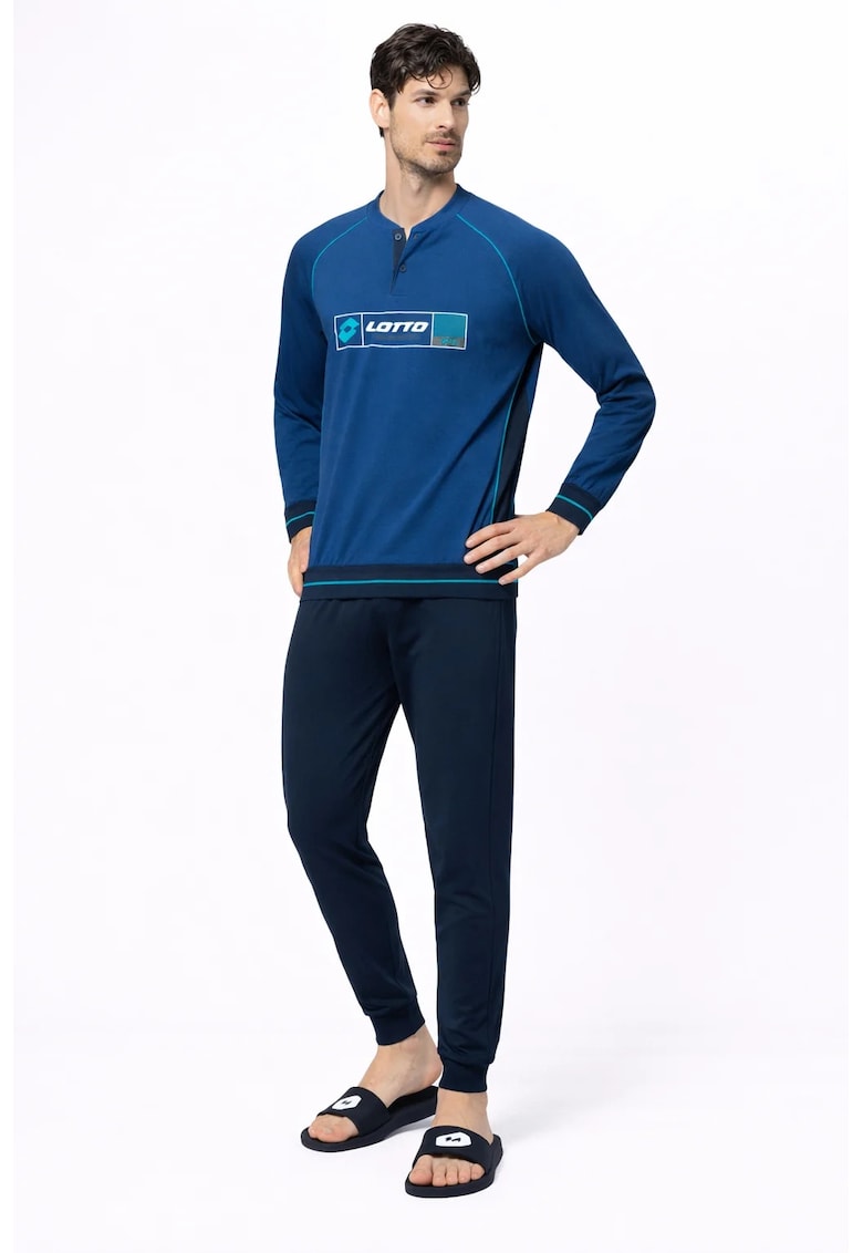 Pijama cu imprimeu logo si maneci raglan - Albastru inchis