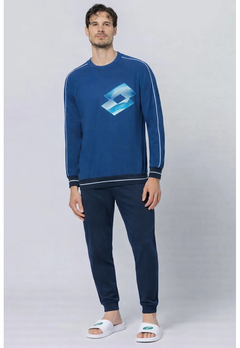 Pijama cu imprimeu logo si detalii contrastante - Albastru inchis