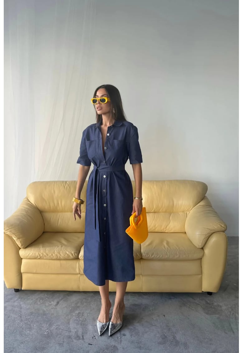 Rochie Midi - Guler Tip Camasa - Albastru - Bumbac/Poliester/Elastan -