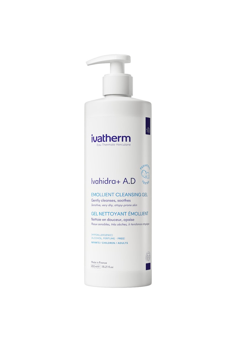 Gel curatare emolient Ivahidra+ A.D - fata si corp - pentru piele sensibila - uscata - foarte uscata sau atopica - potrivit pentru copii si bebelusi - 450 ml