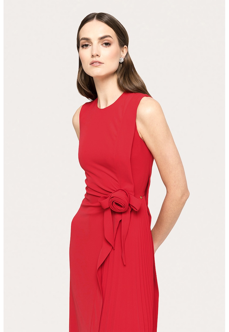 Rochie cu pliuri si floare in talie - Rosu