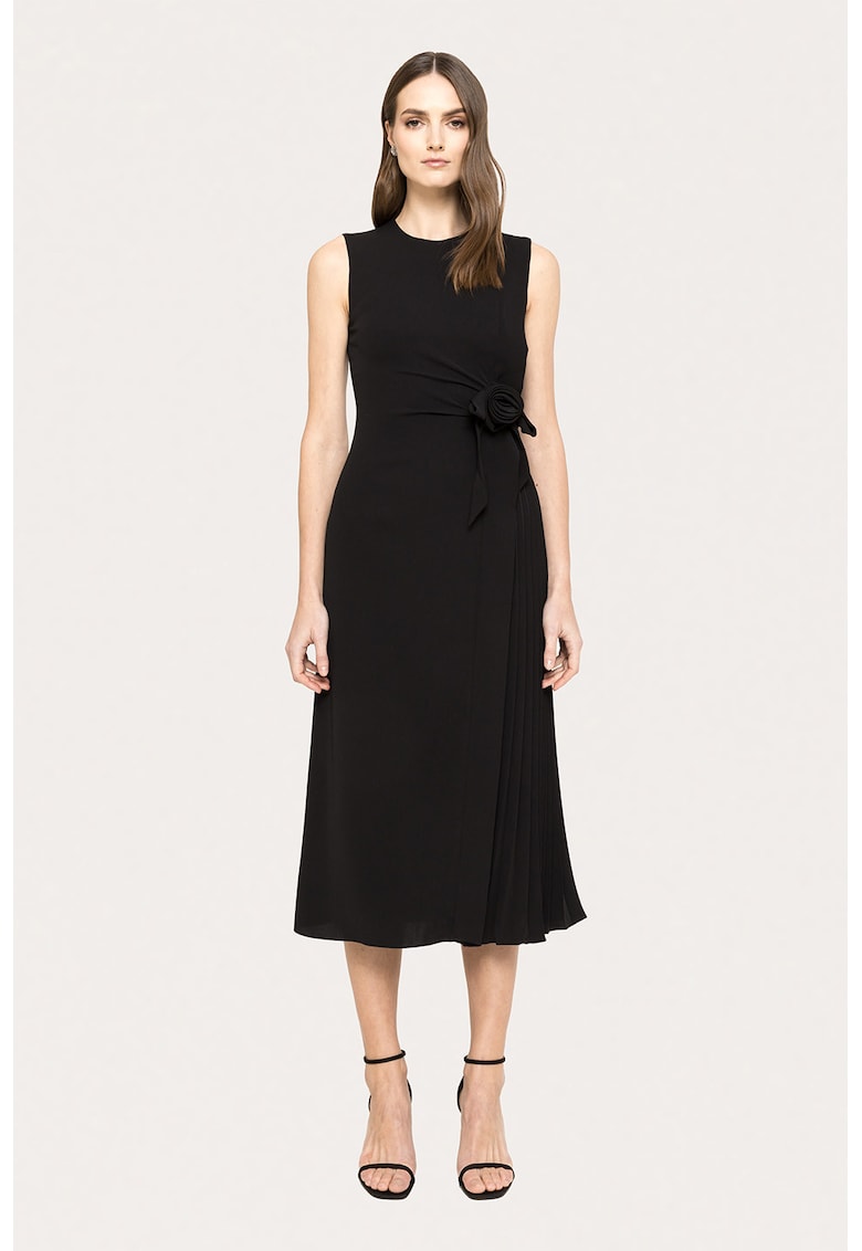 Rochie cu pliuri si floare in talie - Negru