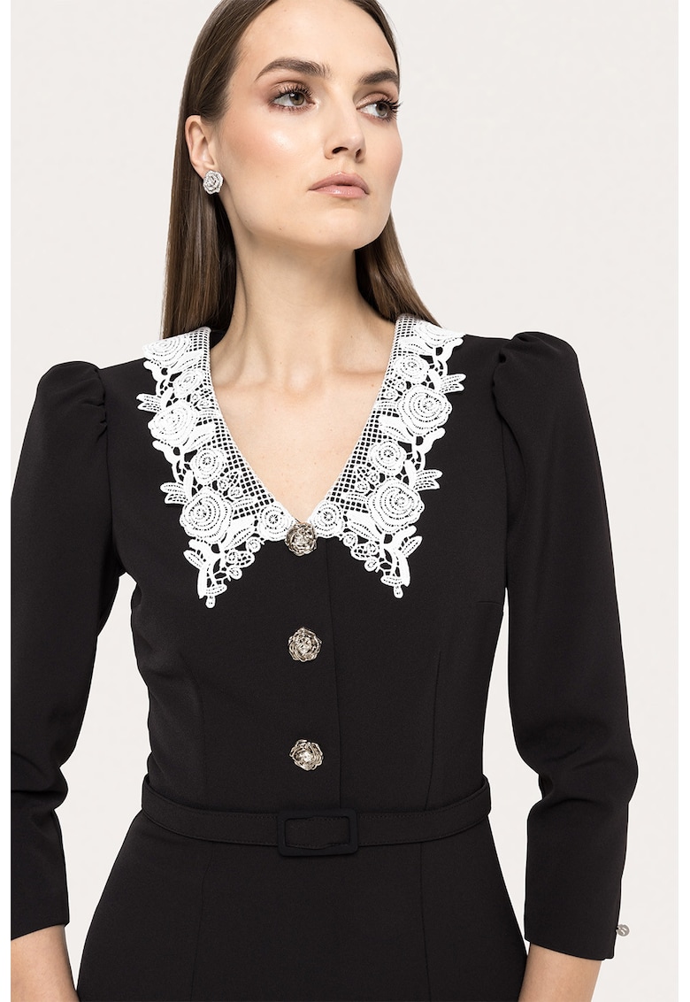 Rochie midi cu slit pe partea din spate si guler cu broderie - Negru