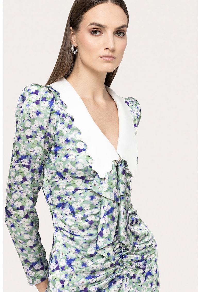 Rochie cu fronseu si model floral - Alb/Albastru