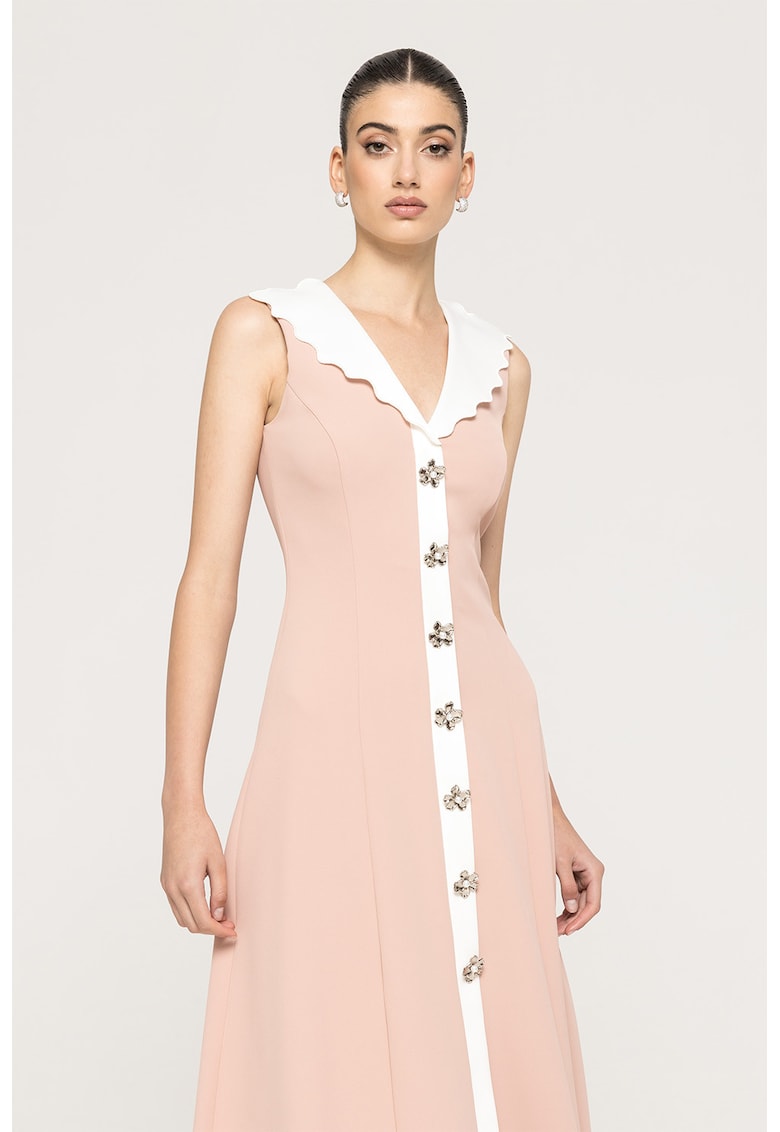 Rochie fara maneci cu decolteu in V si nasturi cu model floral - Roz pal