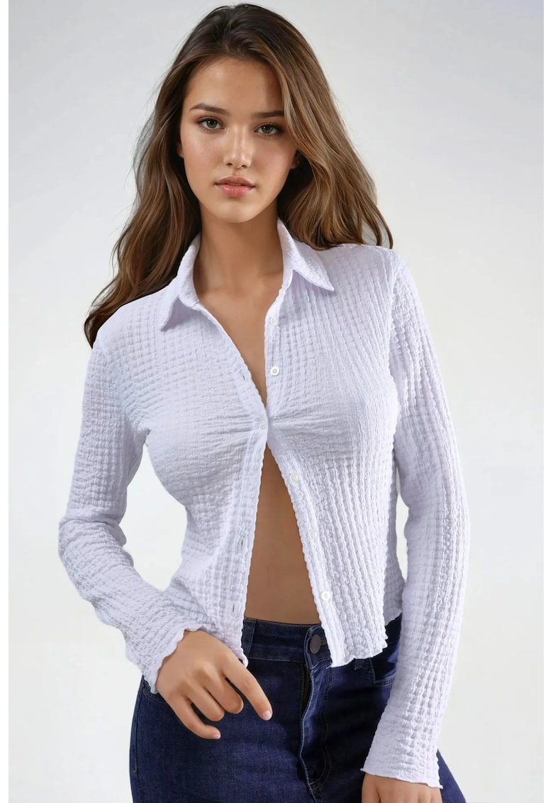 Camasa texturata cu maneca lunga - alb - poliester