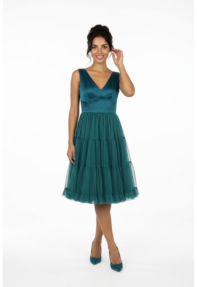 Rochie midi din tul si tafta Francisca - Turcoaz