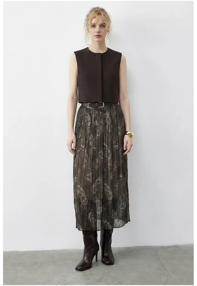 Fusta talie inalta - imprimeu Paisley - maro mocha - textil - Maro