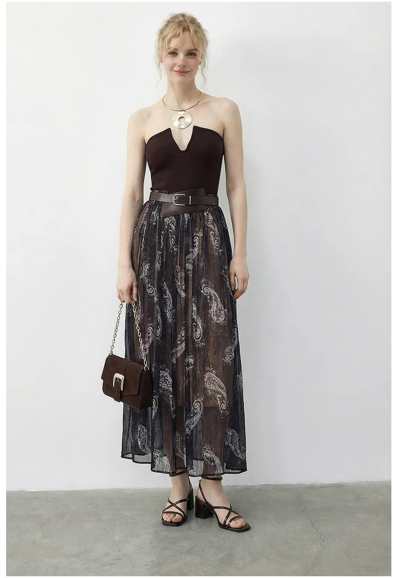 Fusta maxi talie inalta - imprimeu Paisley - bleumarin - textil