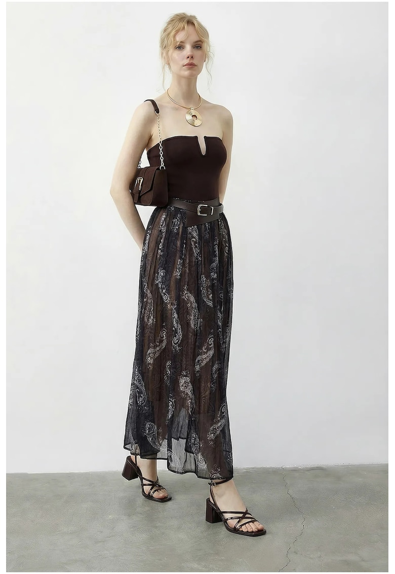 Fusta maxi talie inalta - imprimeu Paisley - bleumarin - textil